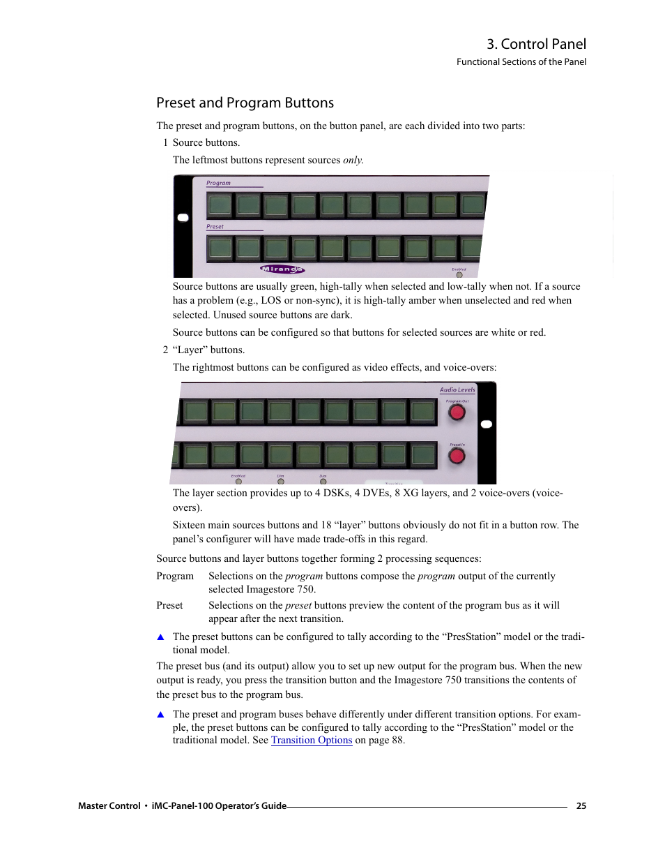 Preset and program buttons, Control panel | Grass Valley iMC-Panel-100 v.7.0.9.0 User Manual | Page 37 / 174