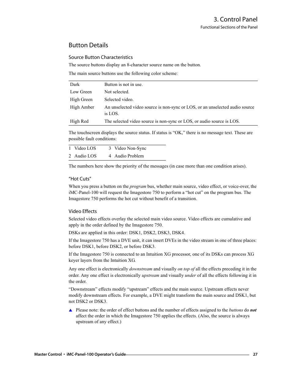 Button details, Source button characteristics, Hot cuts | Video effects, Control panel | Grass Valley iMC-Panel-100 v.7.0.9.0 User Manual | Page 39 / 174