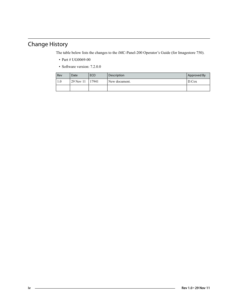 Change history | Grass Valley iMC-Panel-100 v.7.0.9.0 User Manual | Page 4 / 174