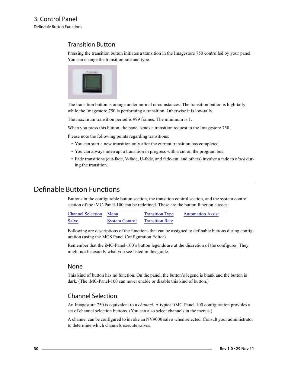 Transition button, Definable button functions, None | Channel selection, None channel selection, Control panel | Grass Valley iMC-Panel-100 v.7.0.9.0 User Manual | Page 42 / 174