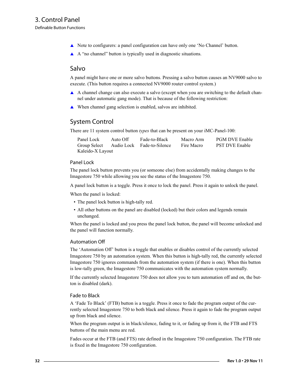 Salvo, System control, Panel lock | Automation off, Fade to black, Salvo system control, Panel lock automation off fade to black, Control panel | Grass Valley iMC-Panel-100 v.7.0.9.0 User Manual | Page 44 / 174
