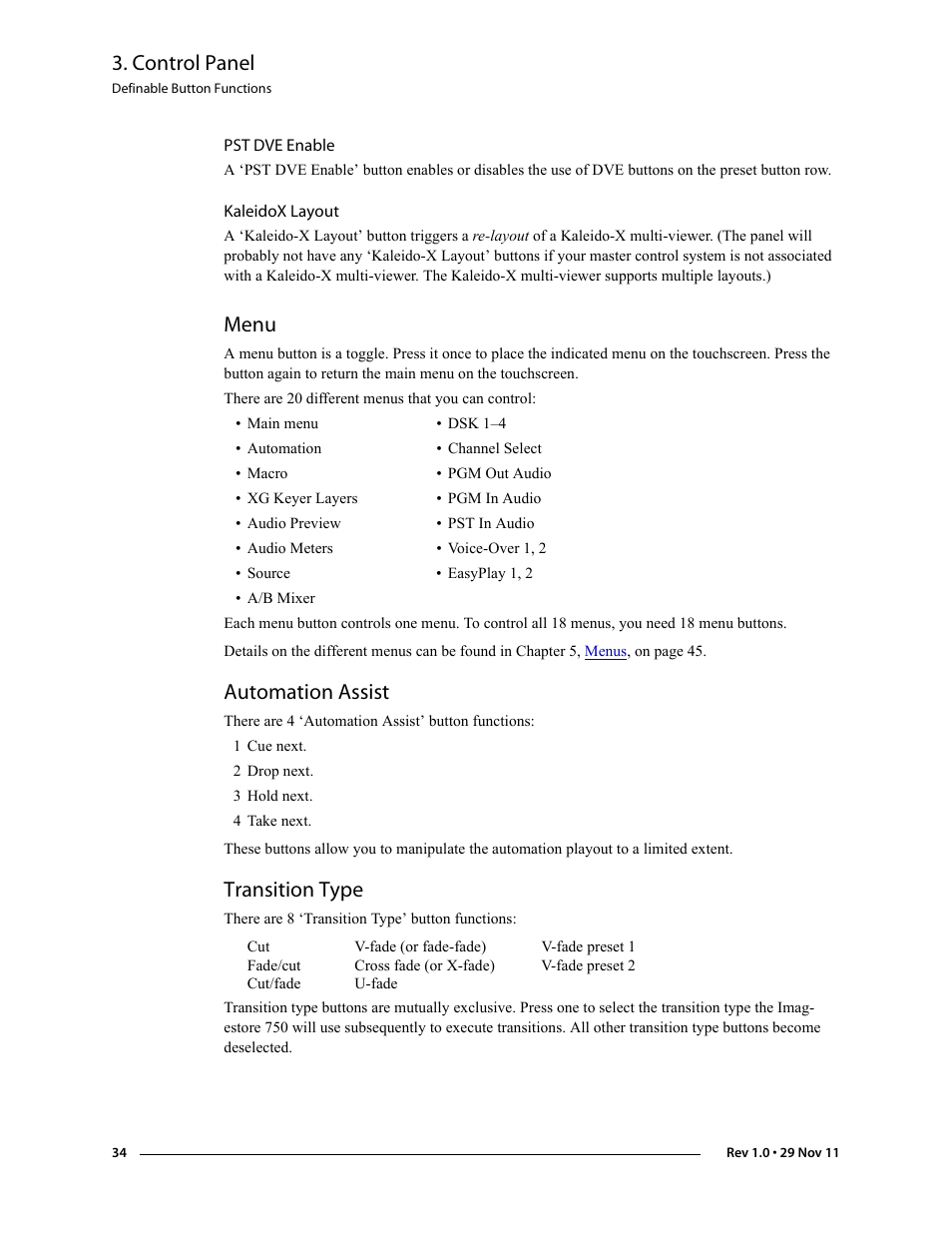 Pst dve enable, Kaleidox layout, Menu | Automation assist, Transition type, Pst dve enable kaleidox layout, Menu automation assist transition type, Control panel | Grass Valley iMC-Panel-100 v.7.0.9.0 User Manual | Page 46 / 174