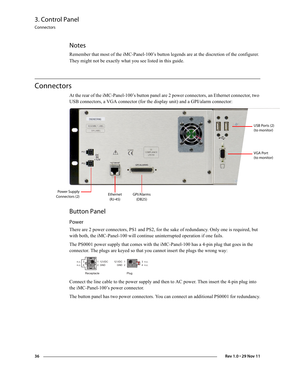Notes, Connectors, Button panel | Power, Control panel | Grass Valley iMC-Panel-100 v.7.0.9.0 User Manual | Page 48 / 174