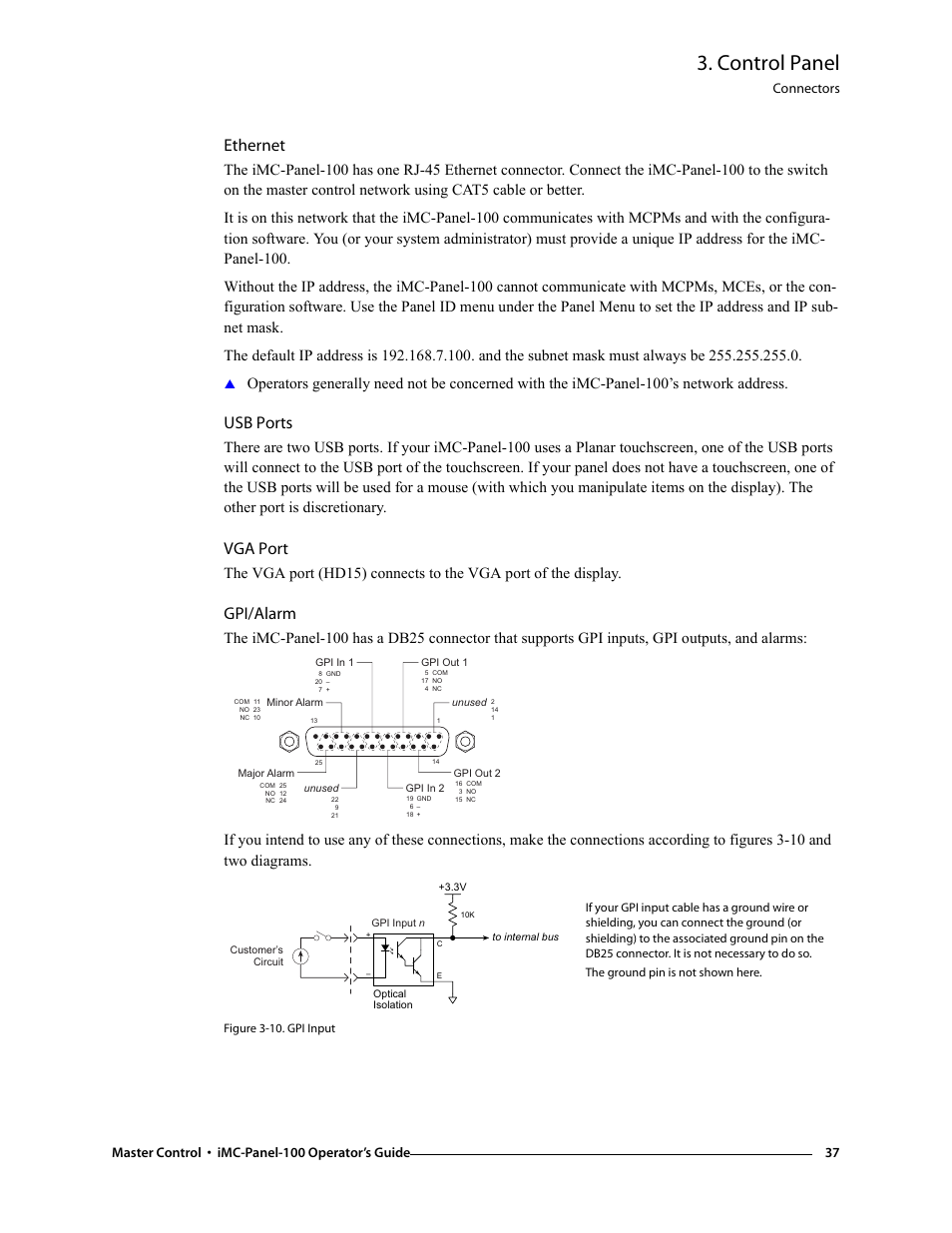 Ethernet, Usb ports, Vga port | Gpi/alarm, Ethernet usb ports vga port gpi/alarm, Control panel, Connectors | Grass Valley iMC-Panel-100 v.7.0.9.0 User Manual | Page 49 / 174