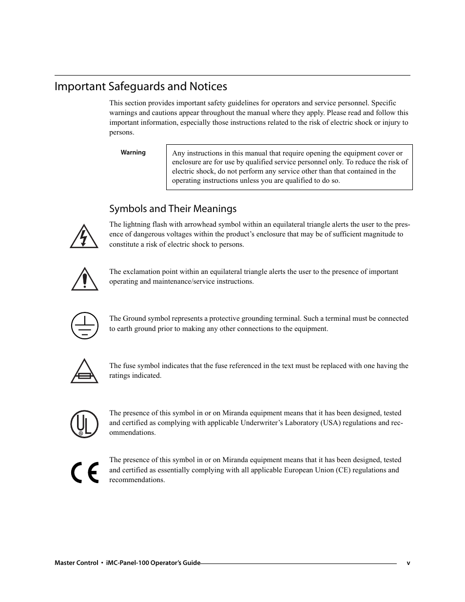 Important safeguards and notices, Symbols and their meanings | Grass Valley iMC-Panel-100 v.7.0.9.0 User Manual | Page 5 / 174