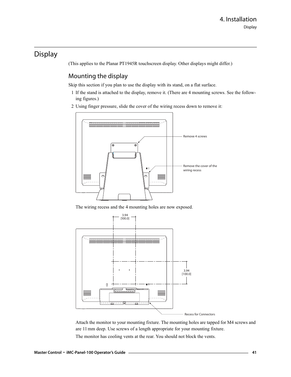 Display, Mounting the display, Installation | Grass Valley iMC-Panel-100 v.7.0.9.0 User Manual | Page 53 / 174