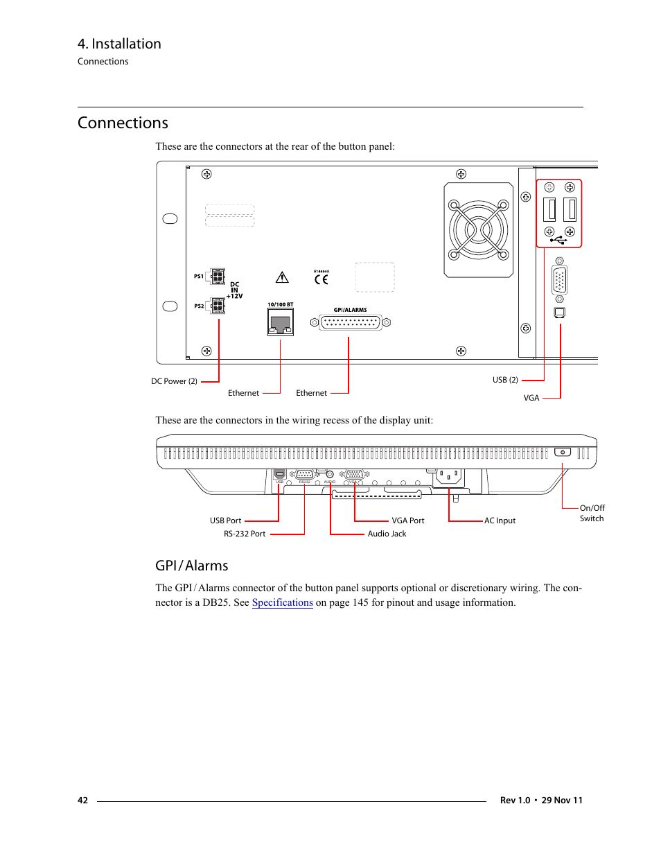 Connections, Gpi / alarms, Installation | Alarms | Grass Valley iMC-Panel-100 v.7.0.9.0 User Manual | Page 54 / 174