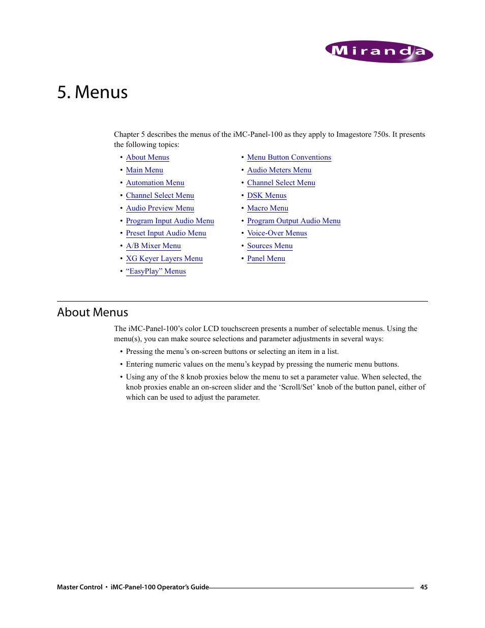 Menus, About menus, Chapter 5 | Grass Valley iMC-Panel-100 v.7.0.9.0 User Manual | Page 57 / 174