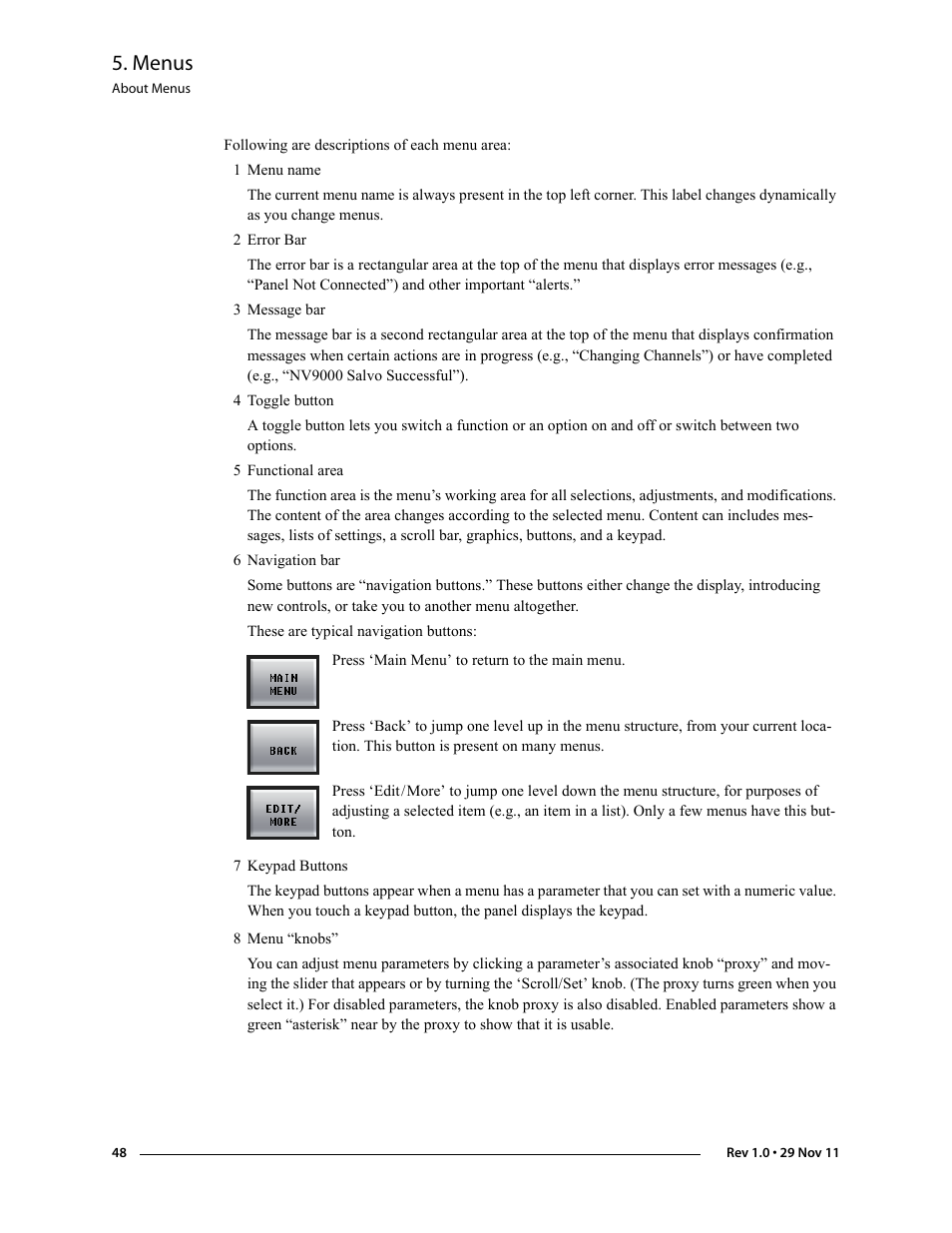 Menu name, Message bar, Error bar | Toggle button, Functional area, Keypad buttons, Navigation bar, Menu “knobs, Menus | Grass Valley iMC-Panel-100 v.7.0.9.0 User Manual | Page 60 / 174