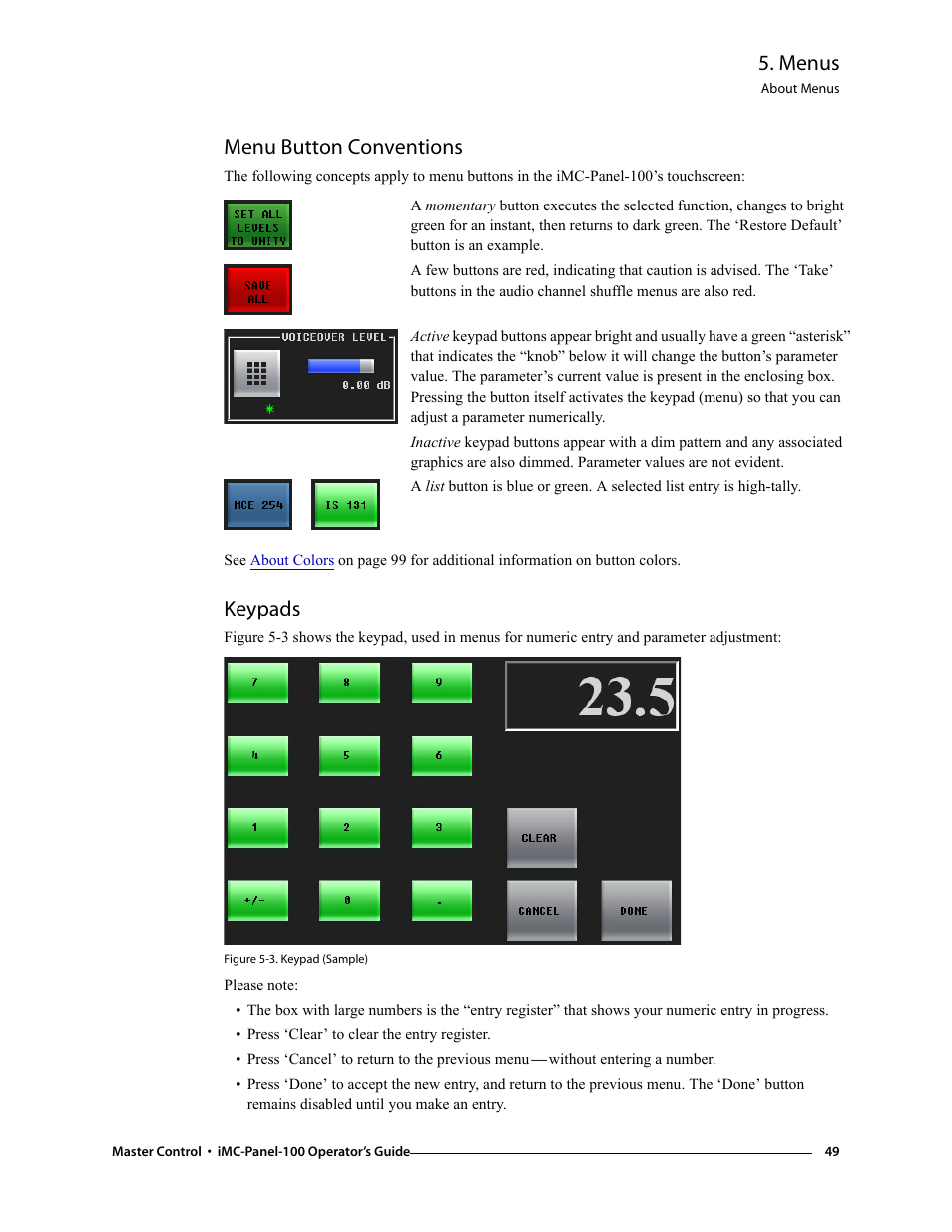 Menu button conventions, Keypads, Menu button conventions keypads | Menus | Grass Valley iMC-Panel-100 v.7.0.9.0 User Manual | Page 61 / 174