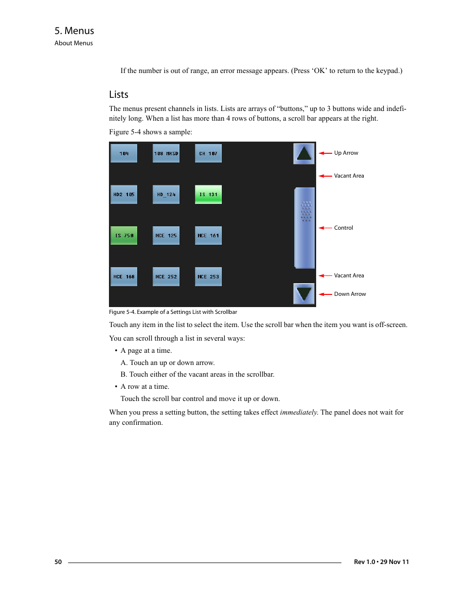 Lists, Menus | Grass Valley iMC-Panel-100 v.7.0.9.0 User Manual | Page 62 / 174