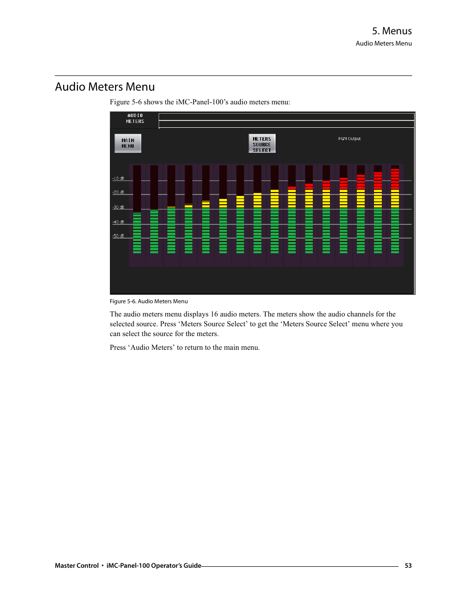 Audio meters menu, Menus | Grass Valley iMC-Panel-100 v.7.0.9.0 User Manual | Page 65 / 174