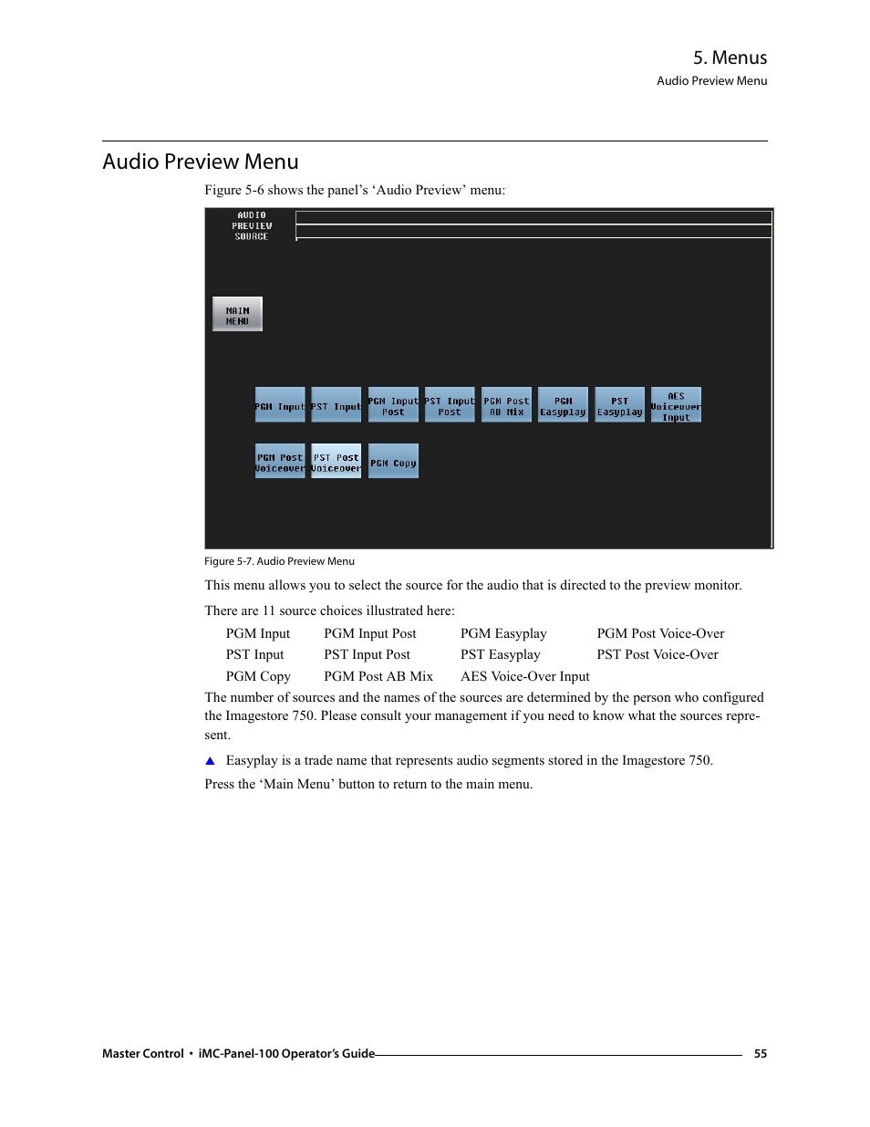 Audio preview menu, Menus | Grass Valley iMC-Panel-100 v.7.0.9.0 User Manual | Page 67 / 174