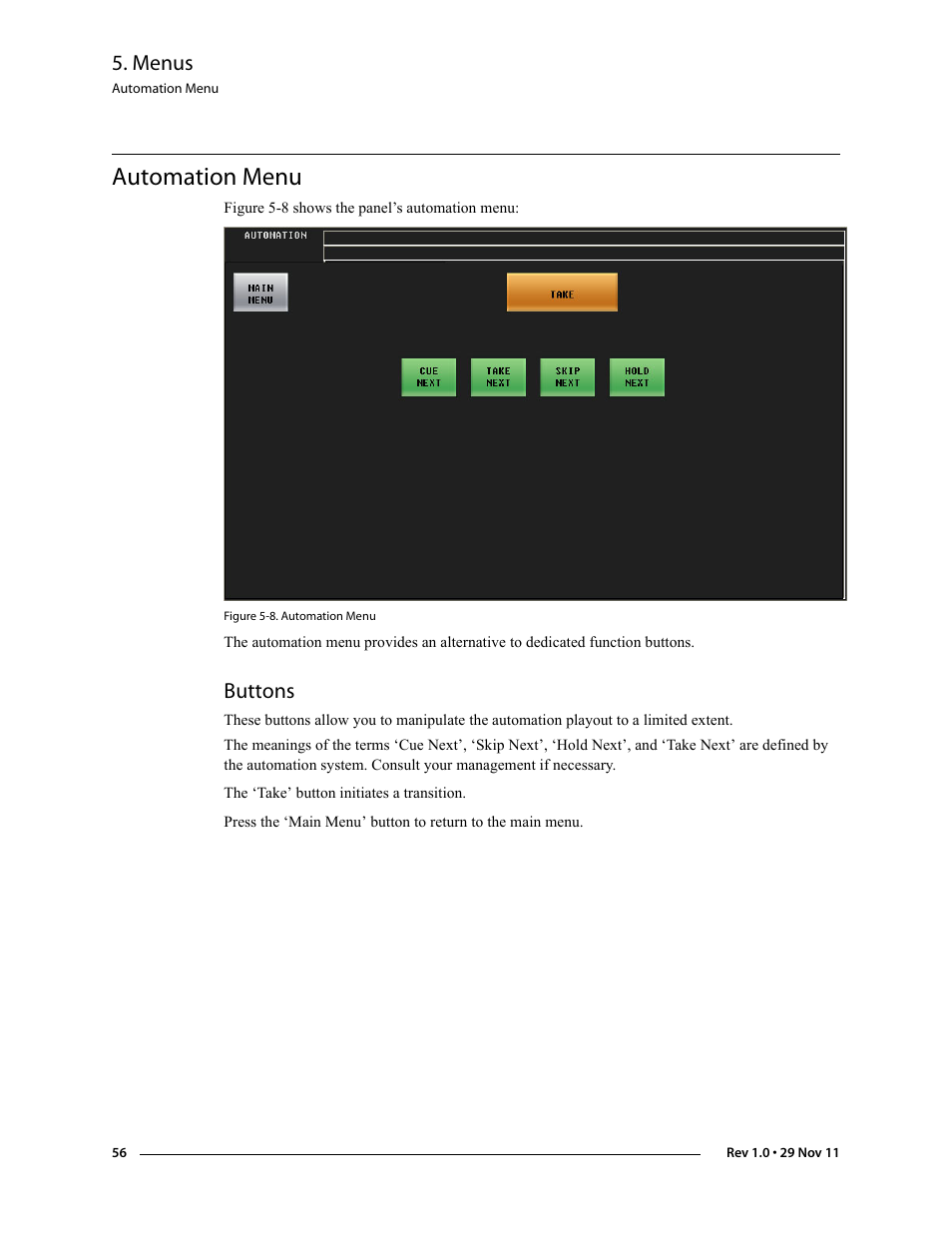 Automation menu, Buttons, Menus | Grass Valley iMC-Panel-100 v.7.0.9.0 User Manual | Page 68 / 174