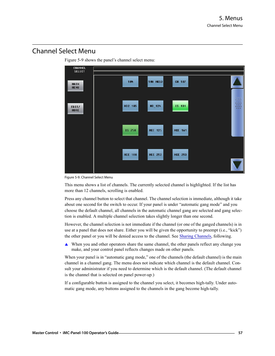 Channel select menu, Menus | Grass Valley iMC-Panel-100 v.7.0.9.0 User Manual | Page 69 / 174