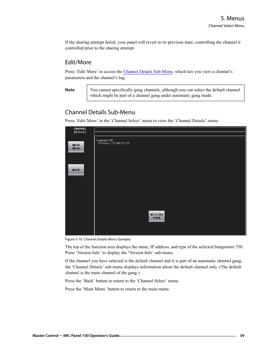 Edit/more, Channel details sub-menu, Edit/more channel details sub-menu | Menus | Grass Valley iMC-Panel-100 v.7.0.9.0 User Manual | Page 71 / 174