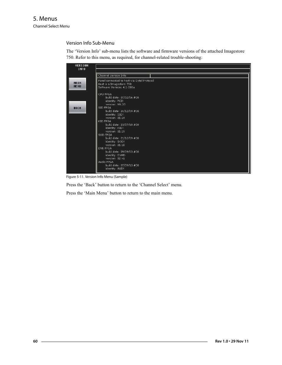 Version info sub-menu, Menus | Grass Valley iMC-Panel-100 v.7.0.9.0 User Manual | Page 72 / 174