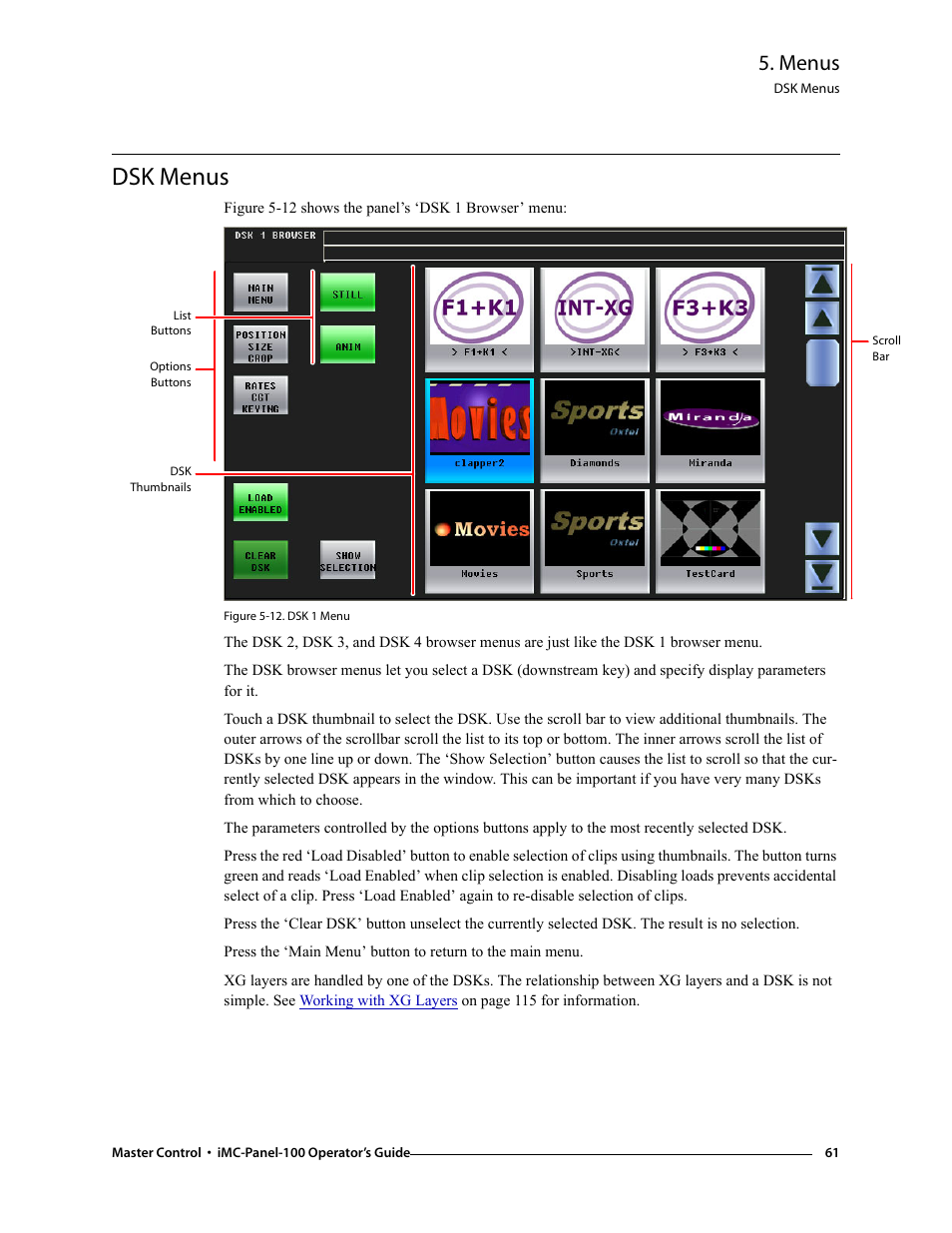 Dsk menus, Menus | Grass Valley iMC-Panel-100 v.7.0.9.0 User Manual | Page 73 / 174