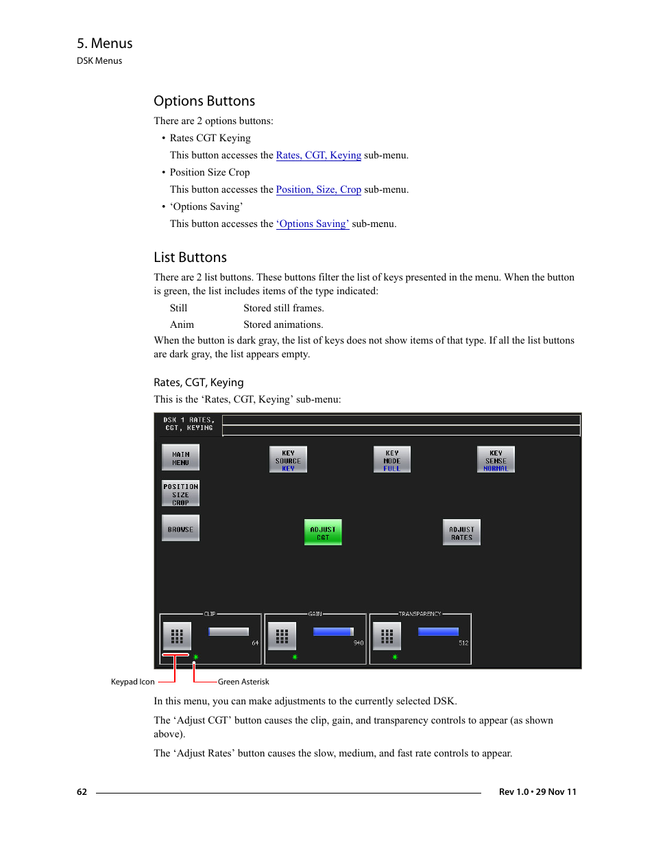 Options buttons, List buttons, Rates, cgt, keying | Options buttons list buttons, Menus | Grass Valley iMC-Panel-100 v.7.0.9.0 User Manual | Page 74 / 174
