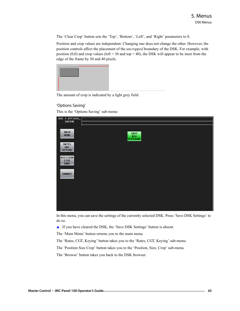 Options saving, Sub-menu, Menus | Grass Valley iMC-Panel-100 v.7.0.9.0 User Manual | Page 77 / 174