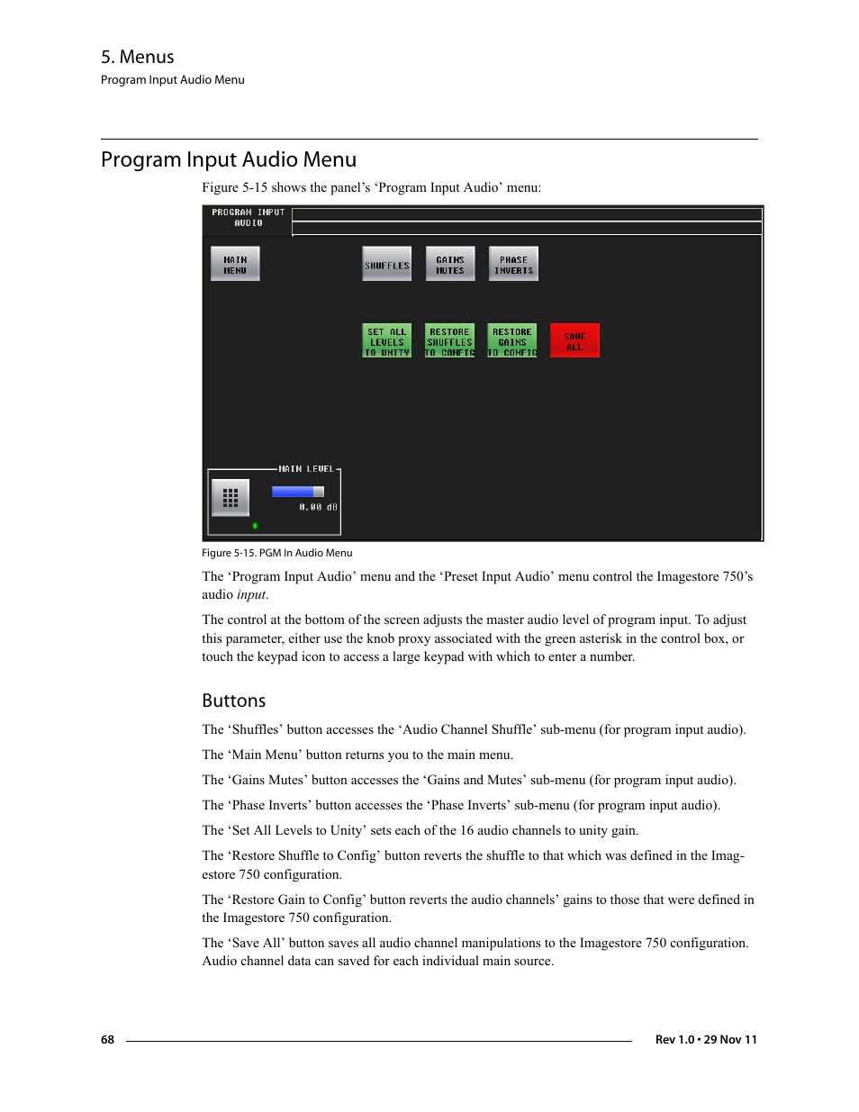 Program input audio menu, Buttons, Menus | Grass Valley iMC-Panel-100 v.7.0.9.0 User Manual | Page 80 / 174