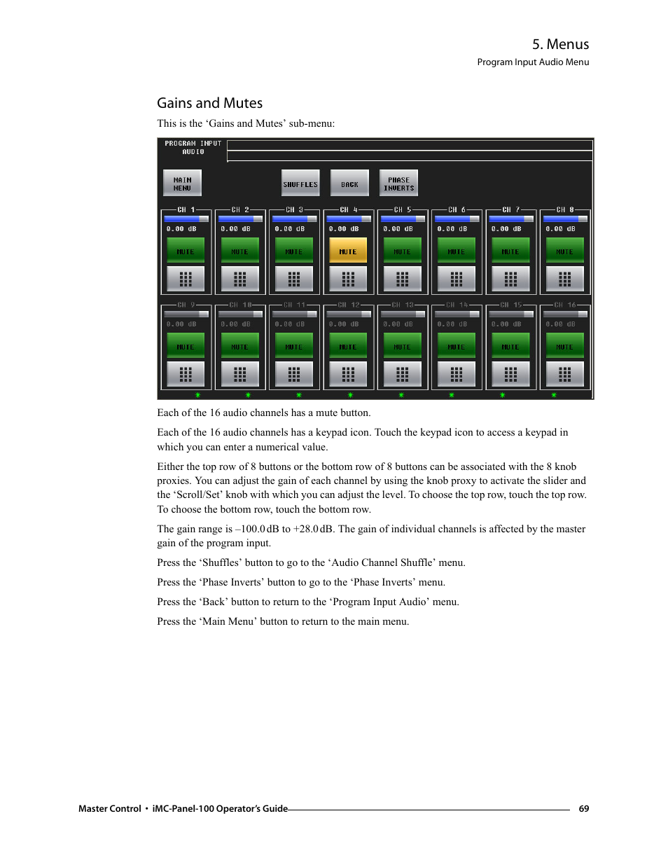 Gains and mutes, Menus | Grass Valley iMC-Panel-100 v.7.0.9.0 User Manual | Page 81 / 174