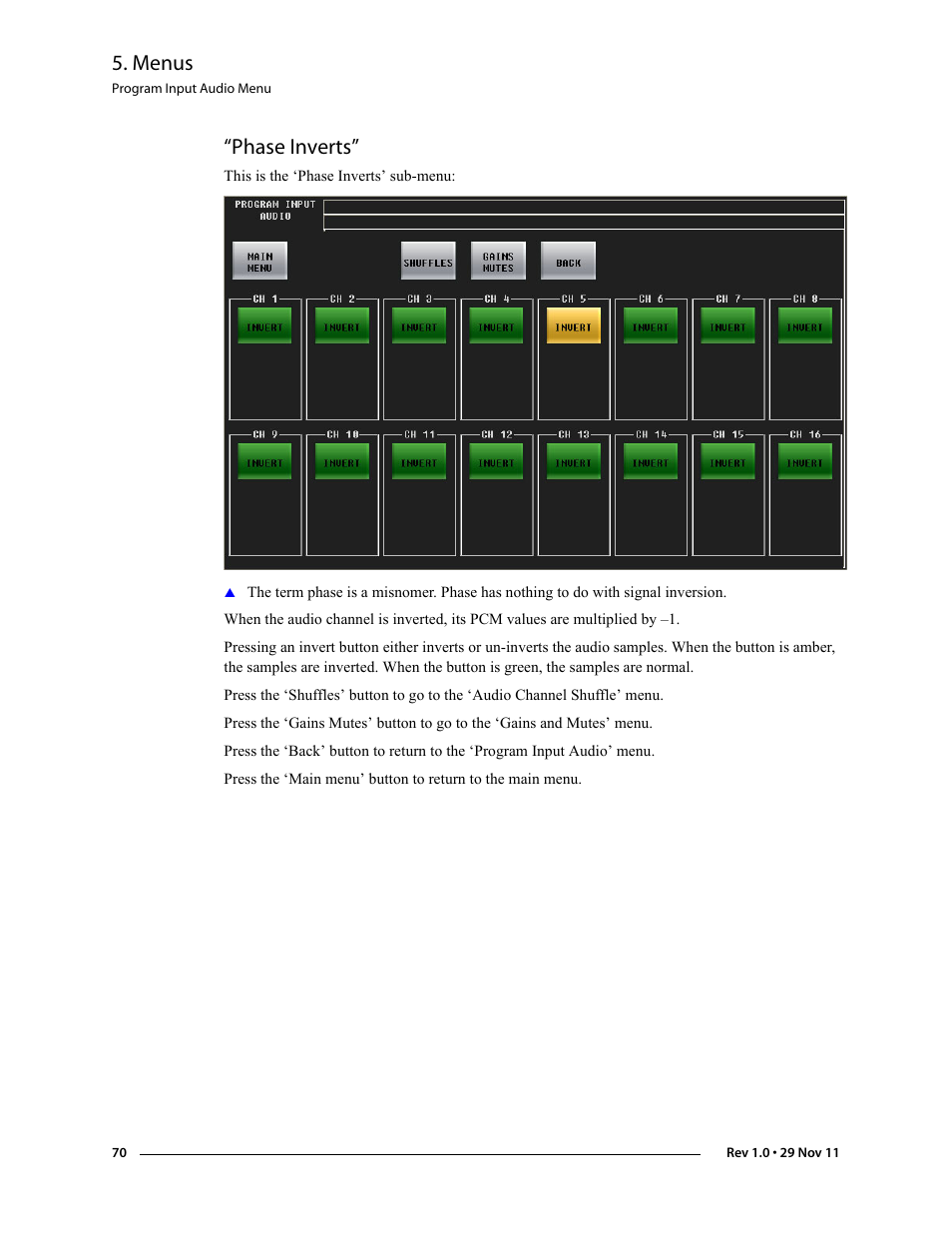 Phase inverts, Menus | Grass Valley iMC-Panel-100 v.7.0.9.0 User Manual | Page 82 / 174