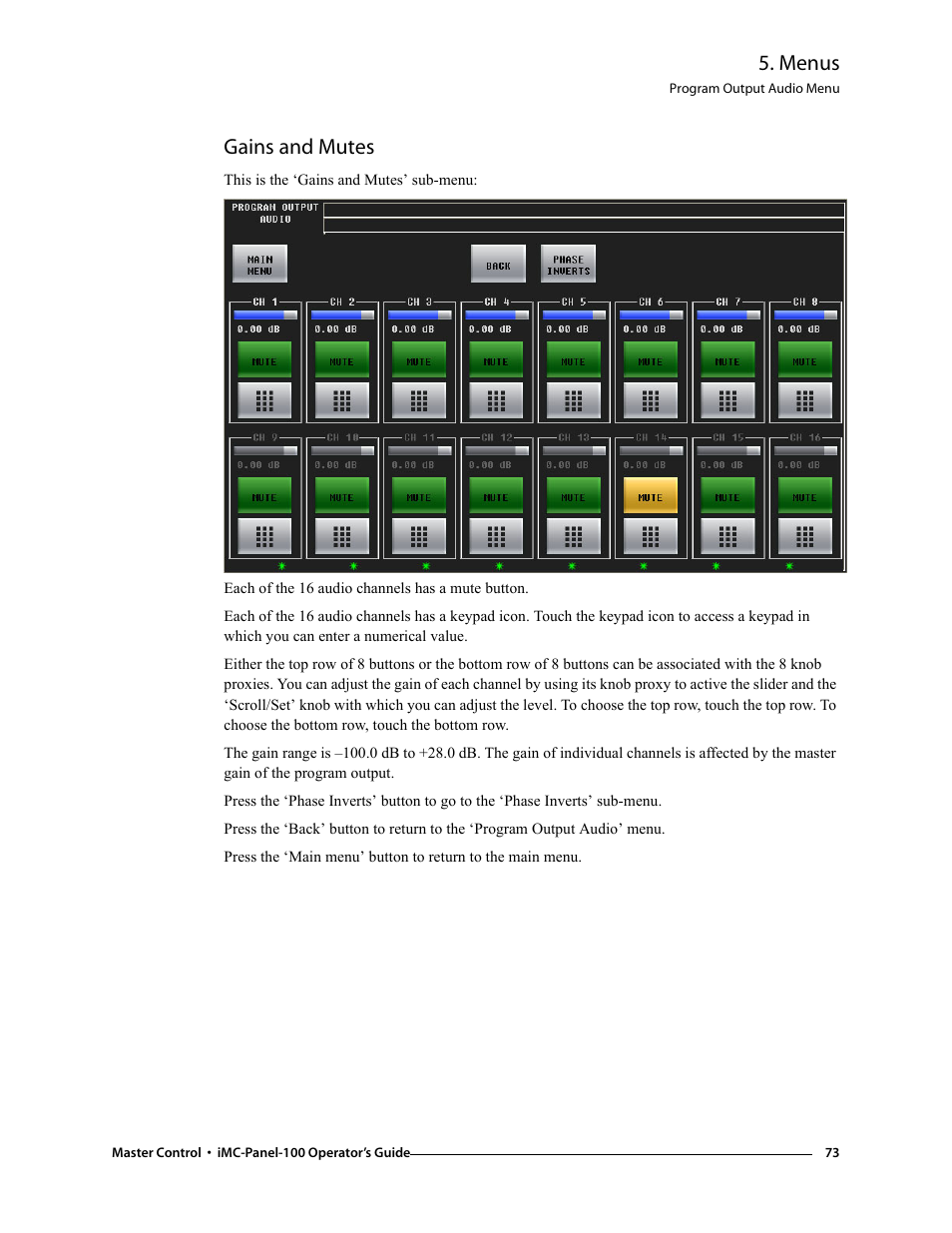 Gains and mutes, Menus | Grass Valley iMC-Panel-100 v.7.0.9.0 User Manual | Page 85 / 174