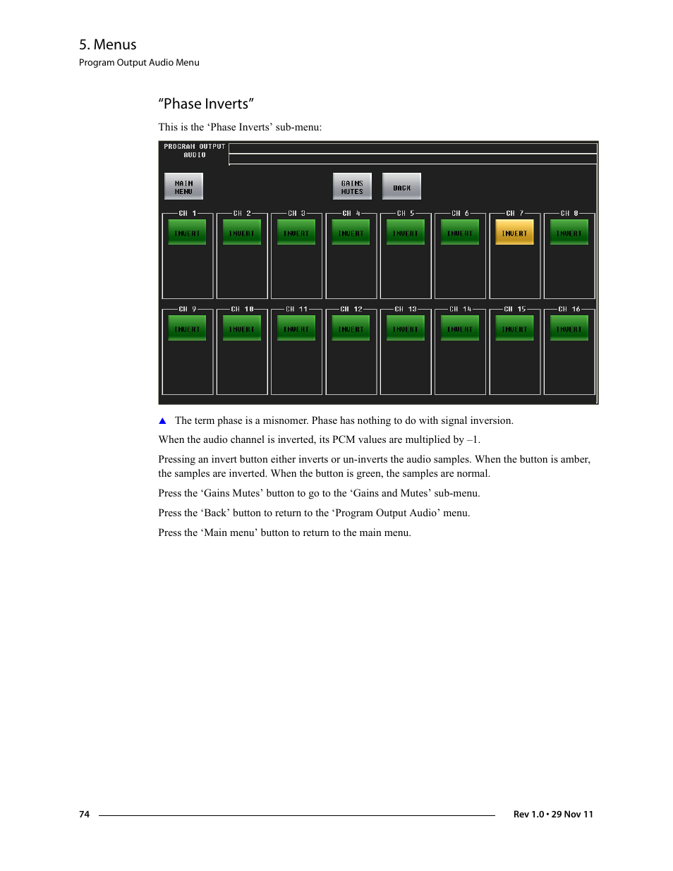 Phase inverts, Menus | Grass Valley iMC-Panel-100 v.7.0.9.0 User Manual | Page 86 / 174