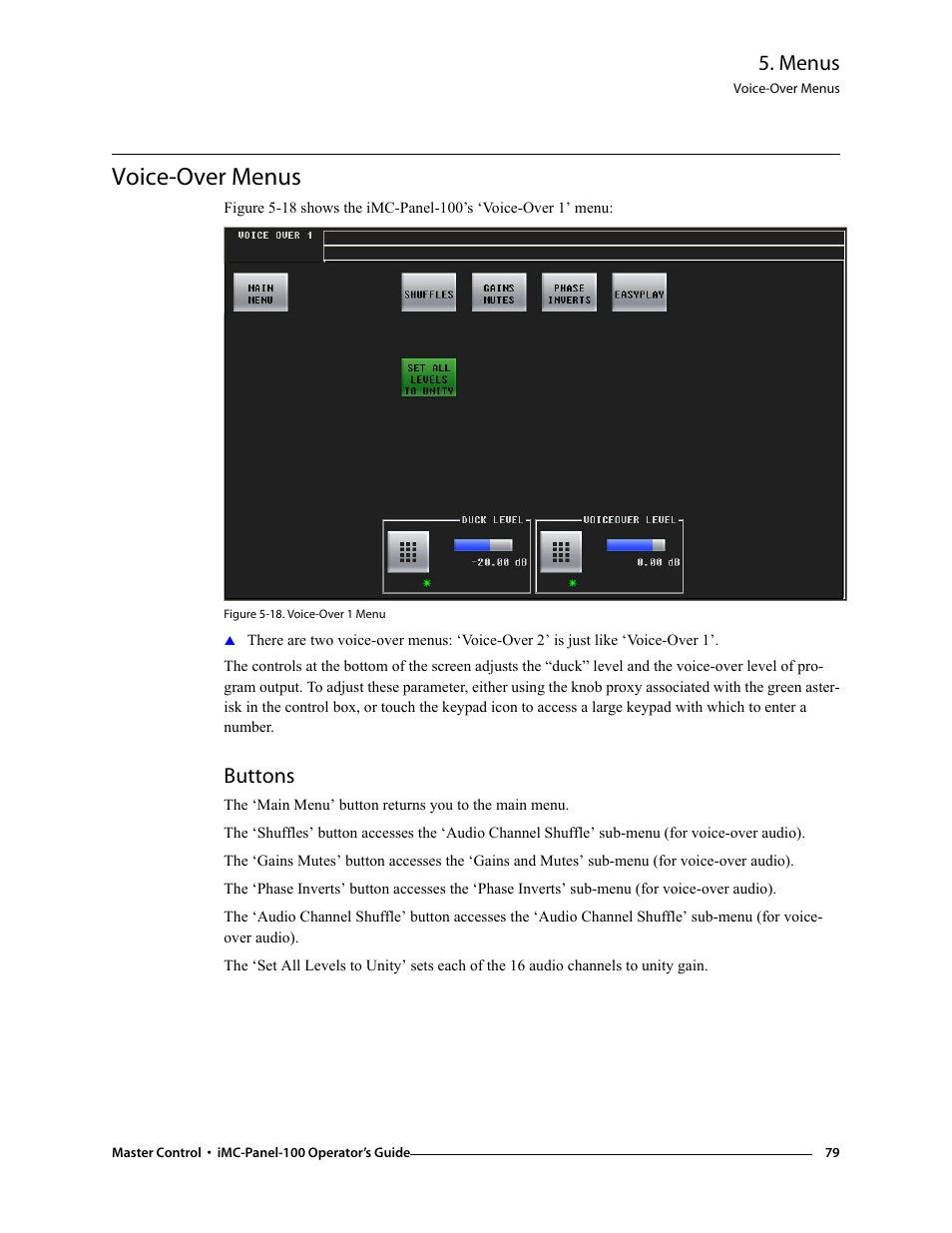 Voice-over menus, Buttons, Menus | Grass Valley iMC-Panel-100 v.7.0.9.0 User Manual | Page 91 / 174