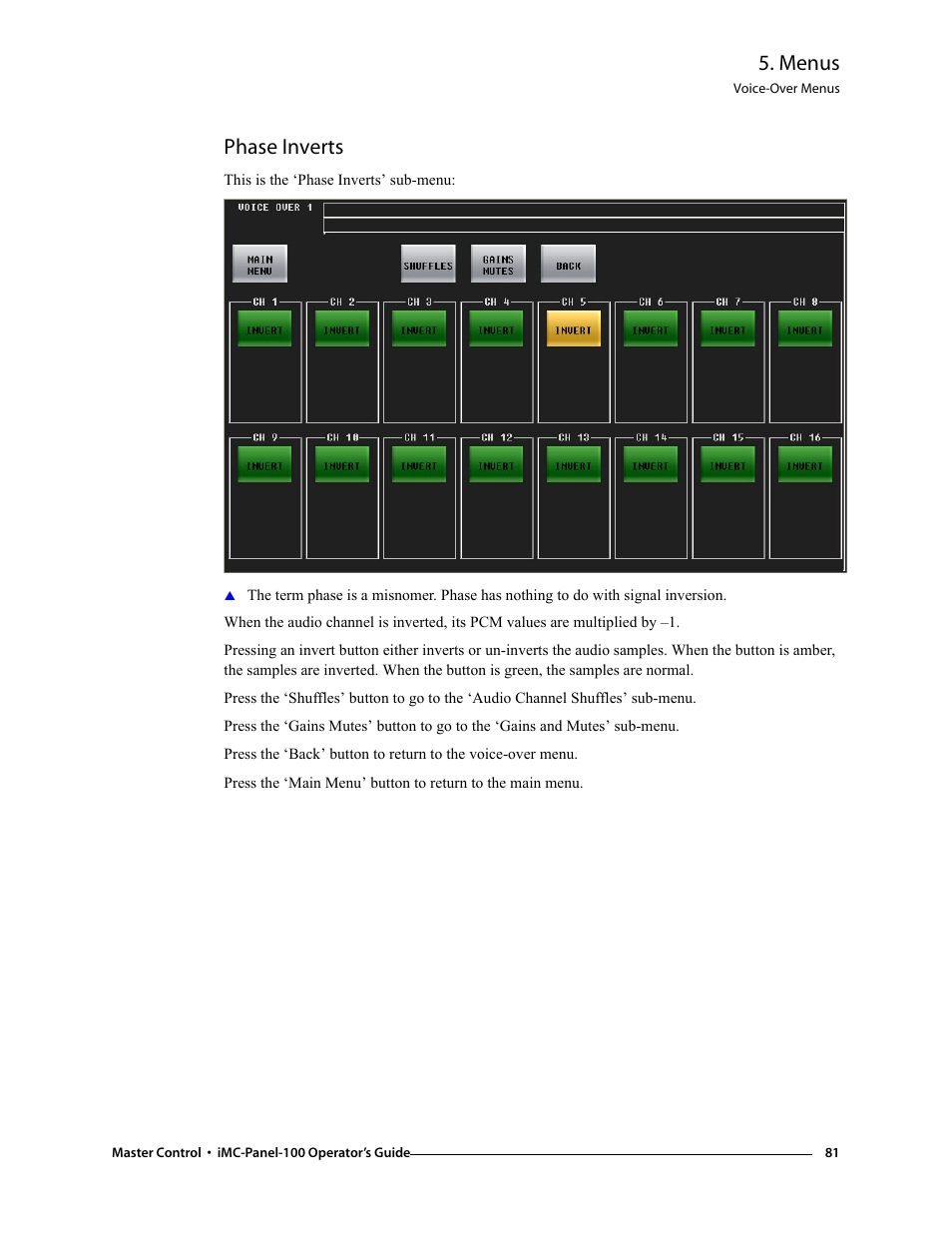 Phase inverts, Menus | Grass Valley iMC-Panel-100 v.7.0.9.0 User Manual | Page 93 / 174