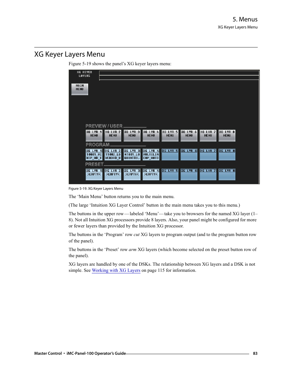 Xg keyer layers menu, Xg keyer layers, Menu | Menus | Grass Valley iMC-Panel-100 v.7.0.9.0 User Manual | Page 95 / 174