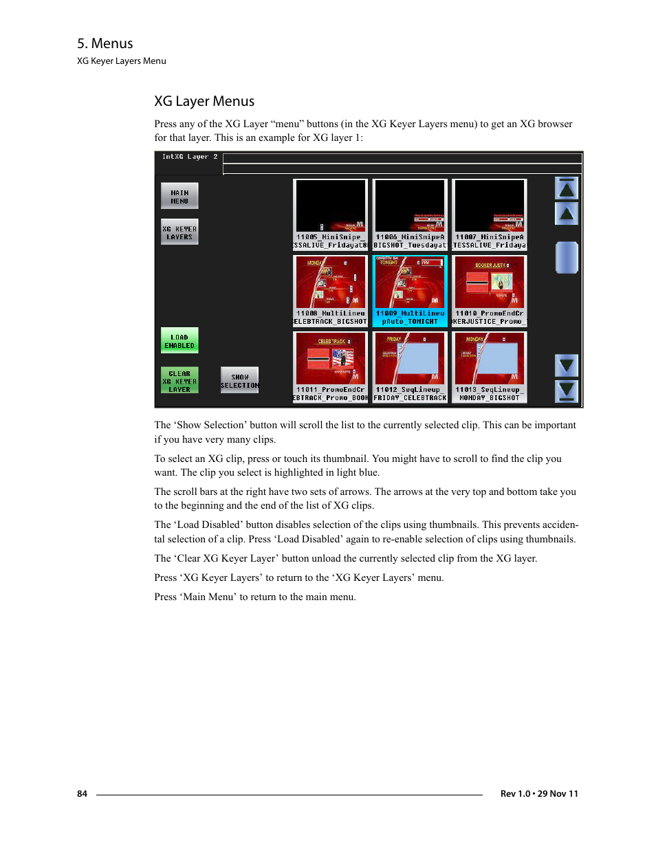 Xg layer menus, Menus | Grass Valley iMC-Panel-100 v.7.0.9.0 User Manual | Page 96 / 174