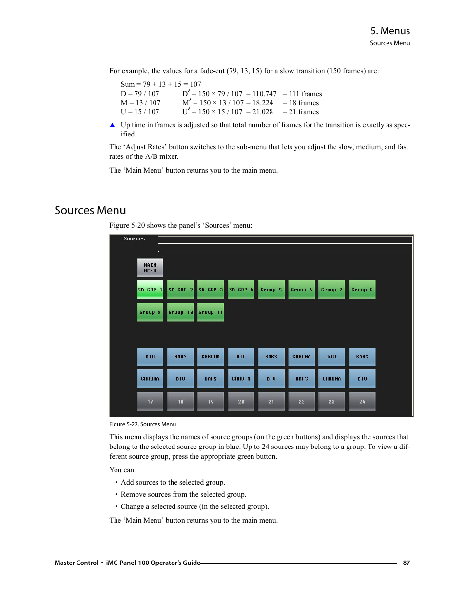 Sources menu, Menus | Grass Valley iMC-Panel-100 v.7.0.9.0 User Manual | Page 99 / 174