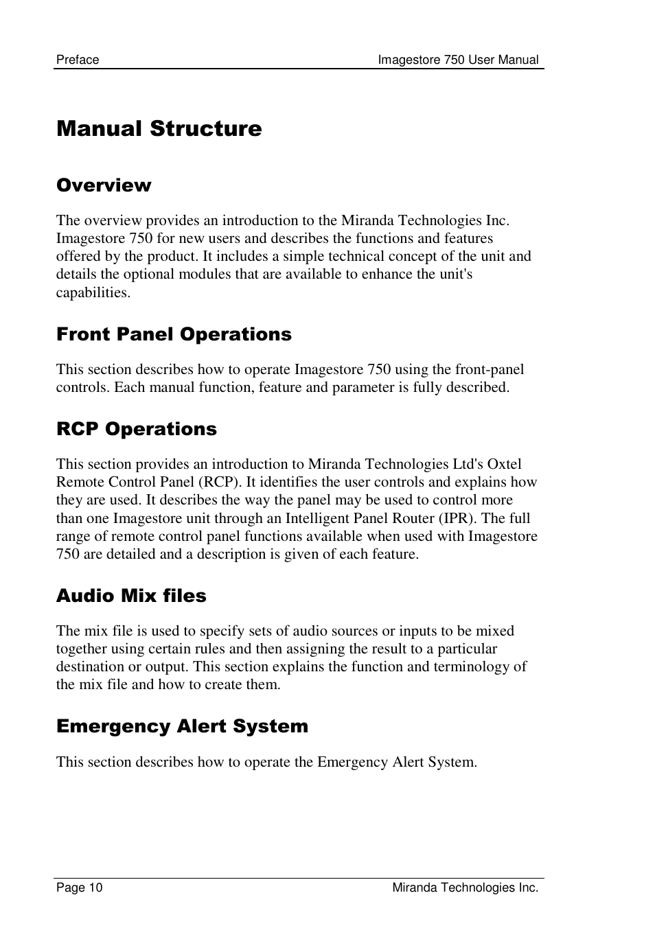 Manual structure, Overview, Front panel operations | Rcp operations, Audio mix files, Emergency alert system | Grass Valley Imagestore 750 v.2.0.1 User Manual | Page 10 / 421