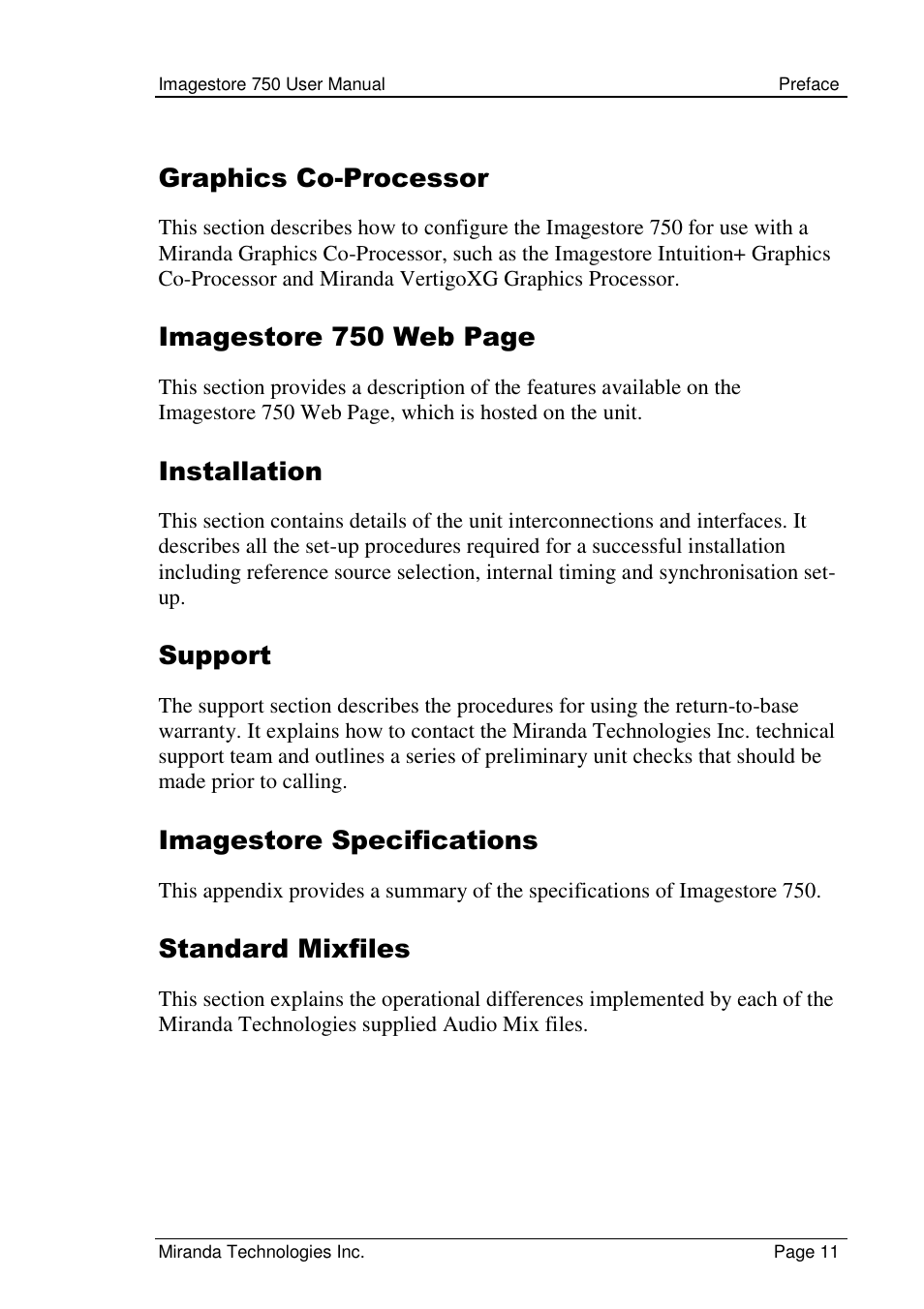 Graphics co-processor, Imagestore 750 web page, Installation | Support, Imagestore specifications, Standard mixfiles | Grass Valley Imagestore 750 v.2.0.1 User Manual | Page 11 / 421