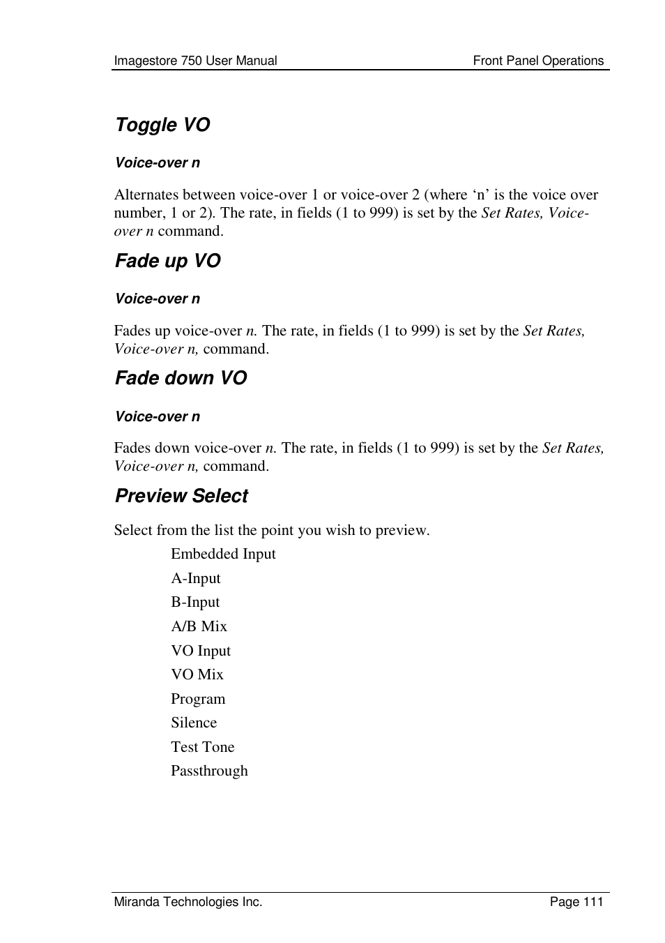 Toggle vo, Fade up vo, Fade down vo | Preview select | Grass Valley Imagestore 750 v.2.0.1 User Manual | Page 111 / 421
