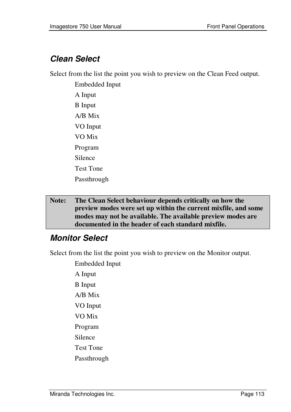 Clean select, Monitor select | Grass Valley Imagestore 750 v.2.0.1 User Manual | Page 113 / 421