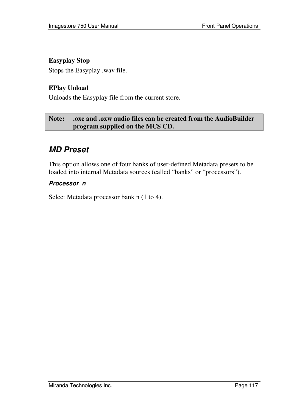 Md preset | Grass Valley Imagestore 750 v.2.0.1 User Manual | Page 117 / 421