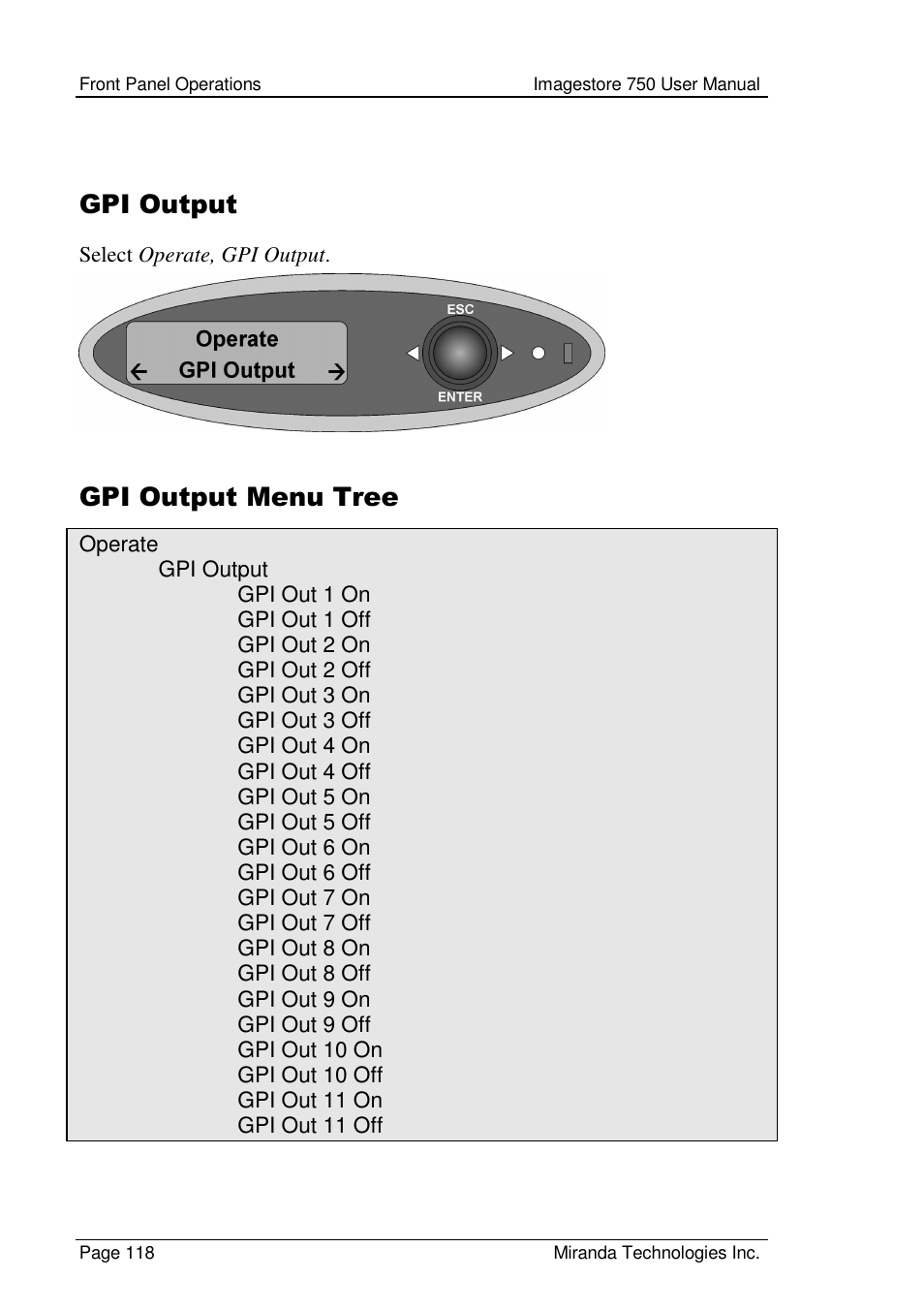 Gpi output, Gpi output menu tree | Grass Valley Imagestore 750 v.2.0.1 User Manual | Page 118 / 421
