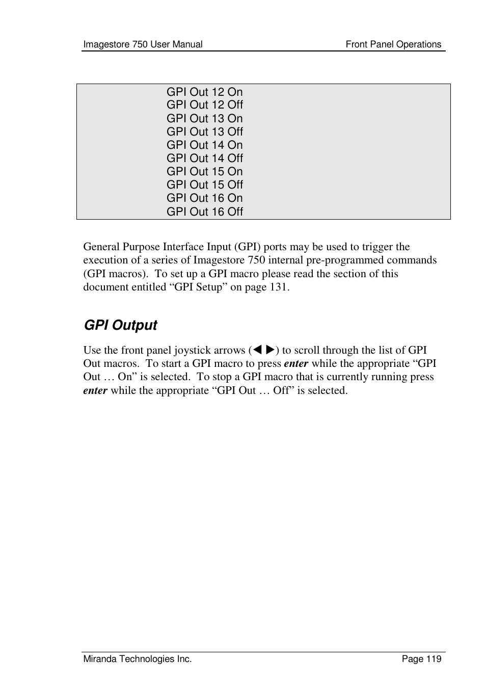 Gpi output | Grass Valley Imagestore 750 v.2.0.1 User Manual | Page 119 / 421