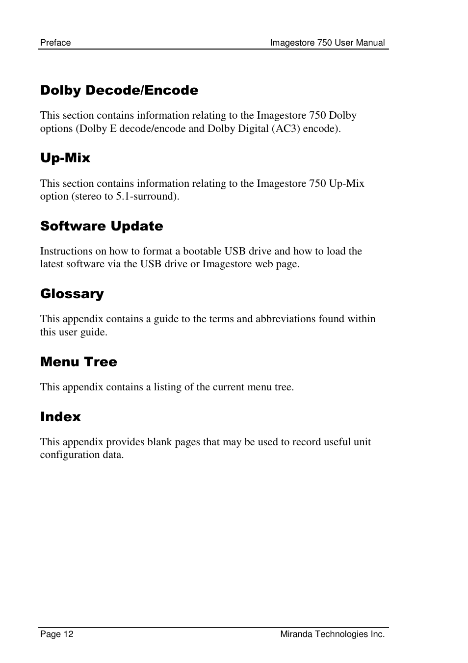 Dolby decode/encode, Up-mix, Software update | Glossary, Menu tree, Index | Grass Valley Imagestore 750 v.2.0.1 User Manual | Page 12 / 421