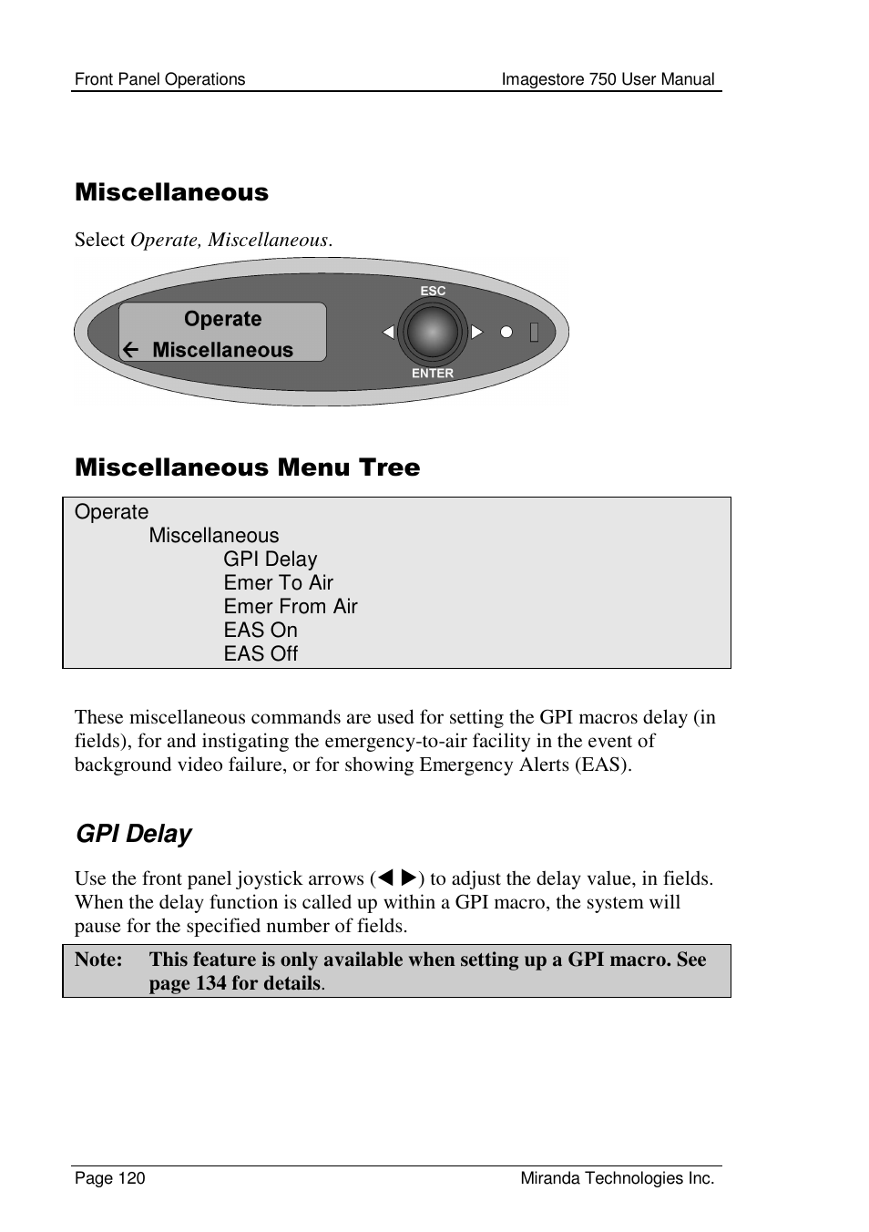 Miscellaneous, Miscellaneous menu tree, Gpi delay | Grass Valley Imagestore 750 v.2.0.1 User Manual | Page 120 / 421