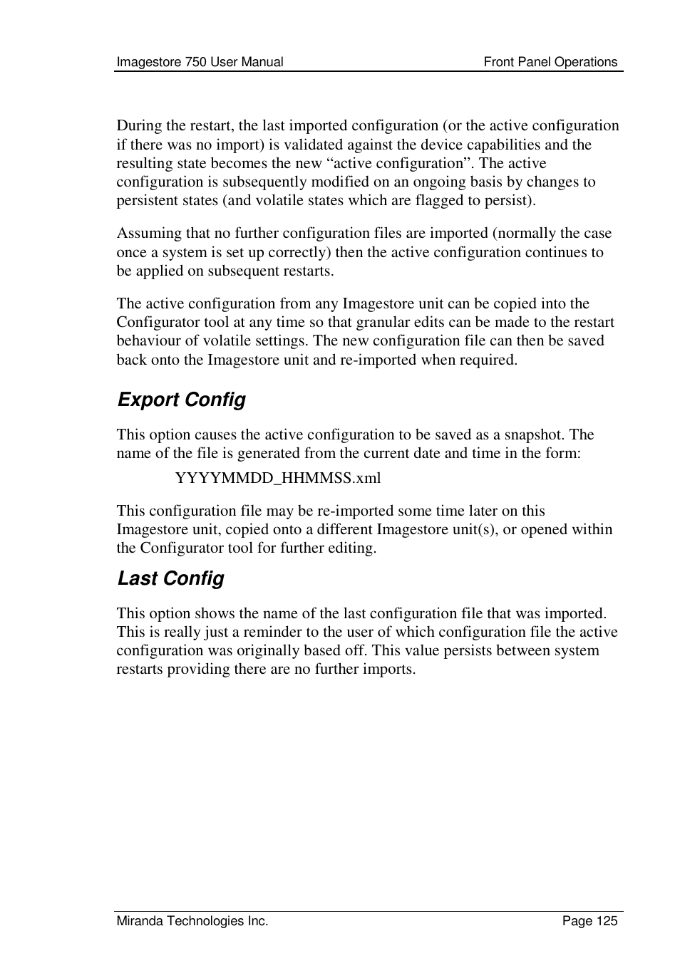 Export config, Last config | Grass Valley Imagestore 750 v.2.0.1 User Manual | Page 125 / 421