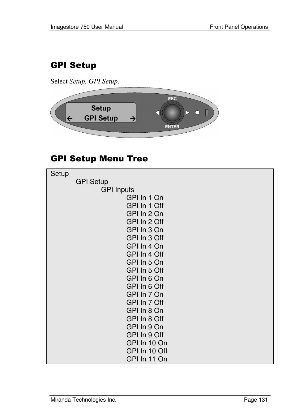 Gpi setup, Gpi setup menu tree | Grass Valley Imagestore 750 v.2.0.1 User Manual | Page 131 / 421
