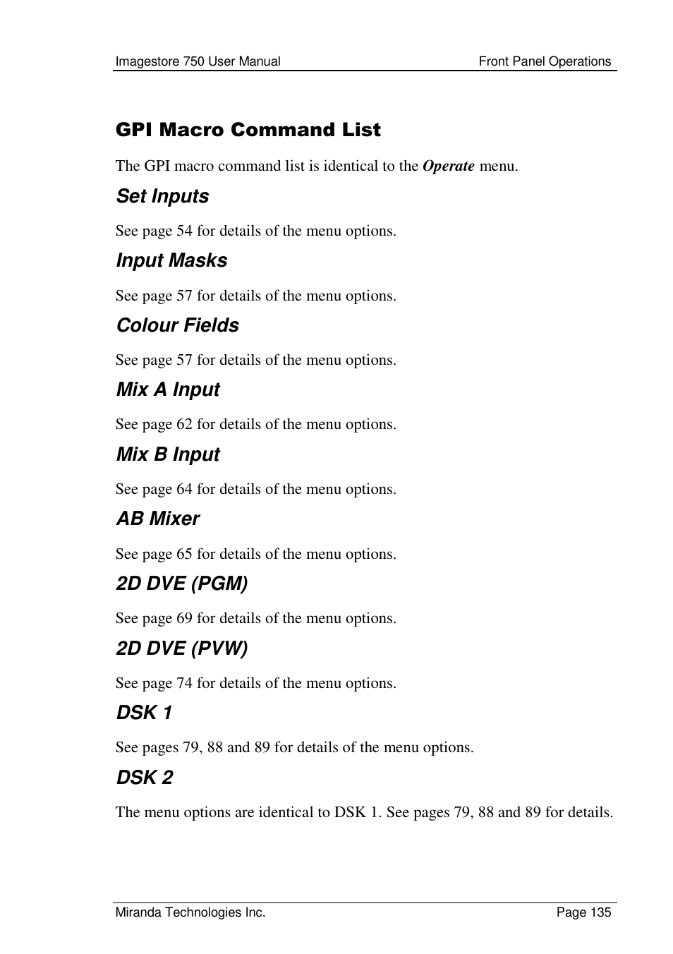 Gpi macro command list, Set inputs, Input masks | Colour fields, Mix a input, Mix b input, Ab mixer, 2d dve (pgm), 2d dve (pvw), Dsk 1 | Grass Valley Imagestore 750 v.2.0.1 User Manual | Page 135 / 421