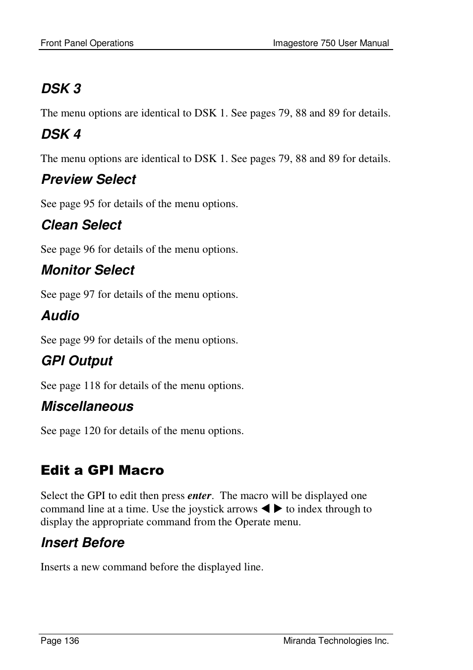 Dsk 3, Dsk 4, Preview select | Clean select, Monitor select, Audio, Gpi output, Miscellaneous, Edit a gpi macro, Insert before | Grass Valley Imagestore 750 v.2.0.1 User Manual | Page 136 / 421