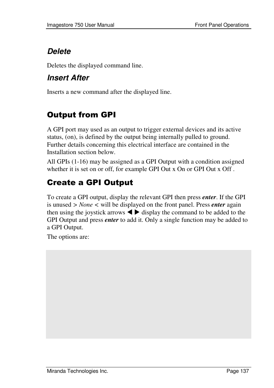 Delete, Insert after, Output from gpi | Create a gpi output | Grass Valley Imagestore 750 v.2.0.1 User Manual | Page 137 / 421