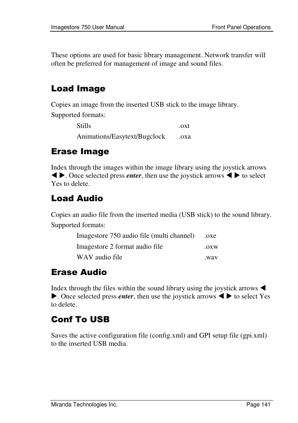 Load image, Erase image, Load audio | Erase audio, Conf to usb | Grass Valley Imagestore 750 v.2.0.1 User Manual | Page 141 / 421