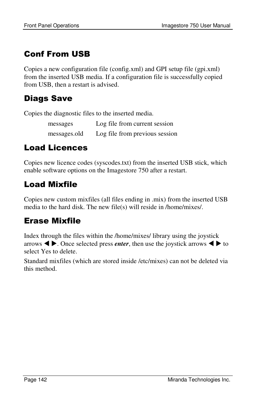 Conf from usb, Diags save, Load licences | Load mixfile, Erase mixfile | Grass Valley Imagestore 750 v.2.0.1 User Manual | Page 142 / 421